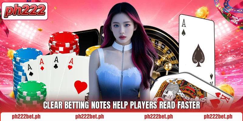 Clear betting notes help players read faster Clear betting notes help players read faster