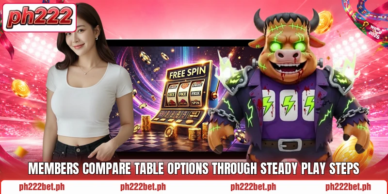 Members compare table options through steady play steps