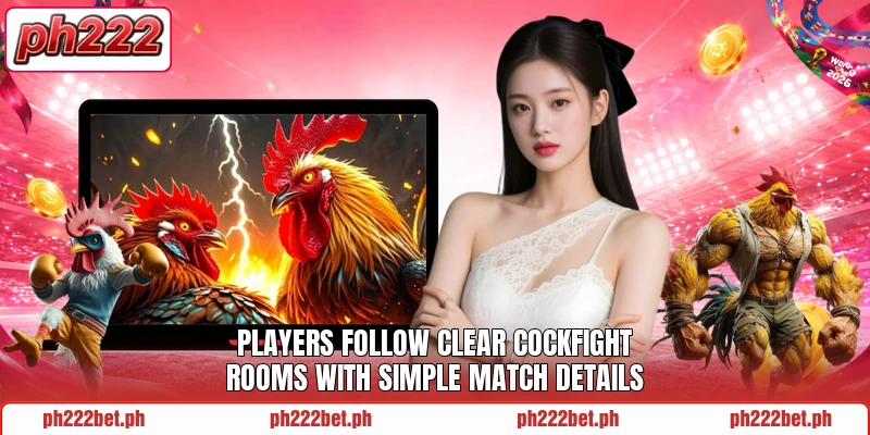 Players follow clear cockfight rooms with simple match details Players follow clear cockfight rooms with simple match details