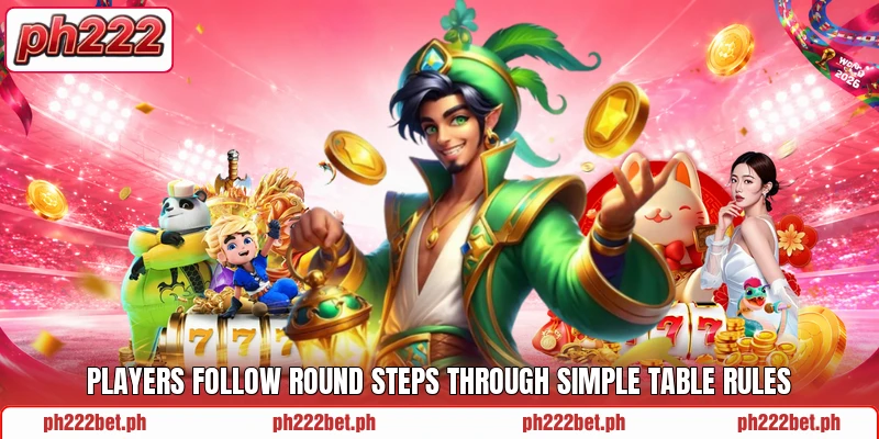 Players follow round steps through simple table rules Players follow round steps through simple table rules